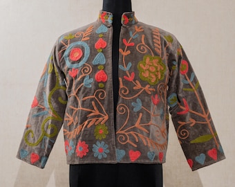 Velvet Embroidered Uzbek Artisan Coat, Nehru Style Waistcoat, Women's Suzani Jacket