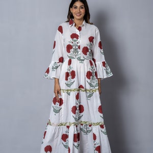 Jurk met handblokprint| Elegante lange jurk| Handgemaakte katoenen jurk| Katoenen jurk bruiloftsfeestkleding| Lange boho-jurk voor haar