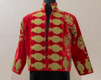 Suzani Jacket, Artisan Uzbek Design Coat, Women Nehru Jacket Velvet Embroidered Waistcoat
