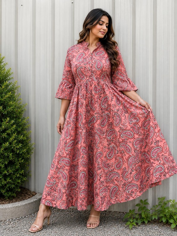 Women Long Dress, Paisley Print Cotton Maxi, Bohemian Indian Style Dress by Tanmay Store