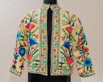 Suzani Jacket Embroidered Women Wear Coat, Indian TNT Short Coat, Waistcoat Cream