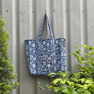 Indigo Blue Quilted Tote Bag: Padded Cotton Shoulder Bag