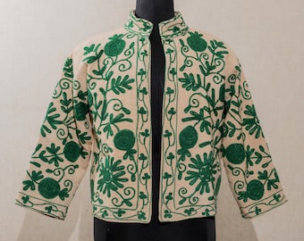 Suzani Jacket , Indian TNT Short Coat, Embroidered Women Wear Coat, Waistcoat Beige