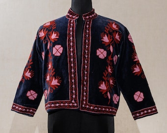 Nehru Style Waistcoat, Velvet Embroidered Uzbek Artisan Coat, Women's Suzani Jacket,
