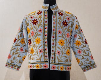 Velvet Suzani Jacket, Embroidered Short Jacket, Women Wear Waistcoat, Gift For Her