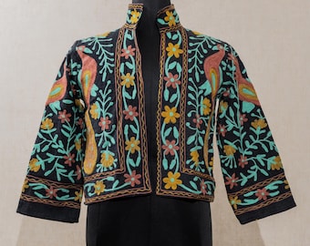 TNT Suzani Jacket, Embroidered Women Wear Waistcoat, Indian Short Wear Coat Black
