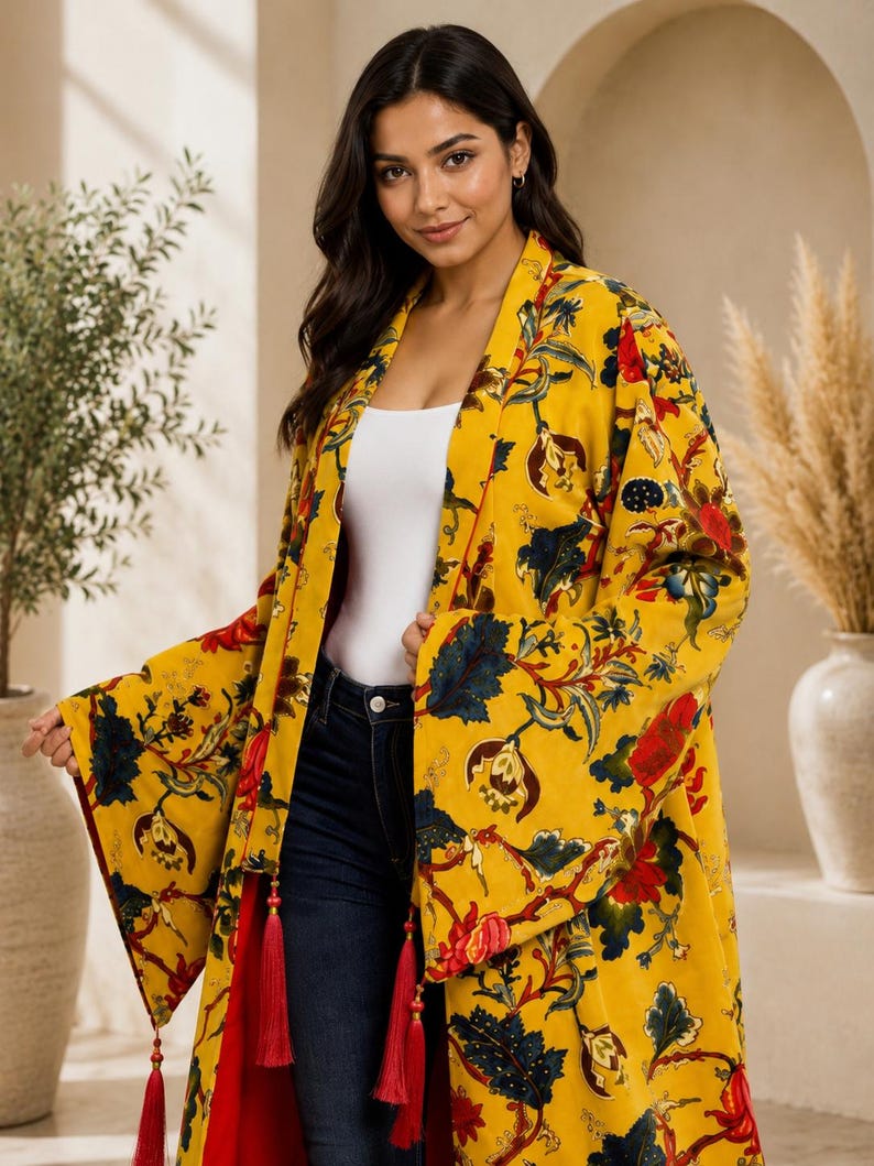 Beach Robe Pattern Velvet Long Boho Kimono Cardigan, Yellow Floral Kimono Robe, Festival ...