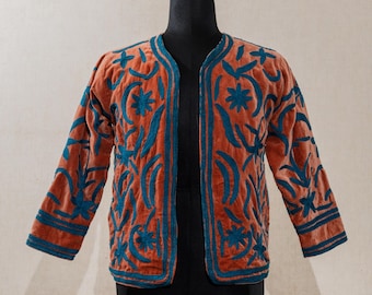 Bomber Jacket: Velvet Suzani Jacket, Embroidered Uzbek Coat, Indian Style Outwear