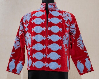 Velvet Suzani Jacket, Artisan Uzbek Waistcoat, Embroidered Short Coat