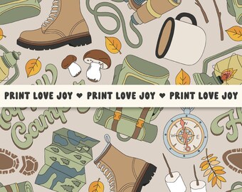 Camping Gear Seamless Pattern | Happy Camper Digital Paper | Outdoor Adventure Pattern | Hiking Camping Pattern | Forest Camping Background