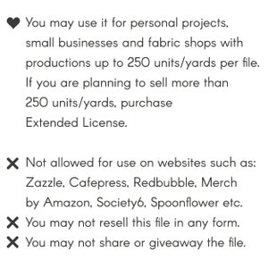 May include: Text on a white background with a black heart symbol. The text states usage guidelines for personal projects, small businesses, and fabric shops, with a limit of 250 units/yards. It also lists prohibited uses and restrictions.