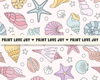 Pastel Seashell Seamless Pattern | Cute Beach Shell Digital Paper | Coastal Ocean Pattern | Starfish Shell Repeat | Summer Beach Background