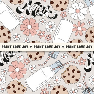 Groovy Retro Milk and Cookies, glass bottle of milk and chocolate chip cookie Seamless Repeat Pattern file for Fabric Sublimation