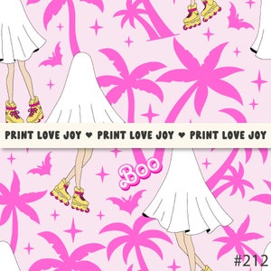 May include: A pink and white patterned design featuring palm trees, bats, stars, and figures in white dresses and yellow roller skates. The text "PRINT LOVE JOY" is repeated across the image, with the word "Boo" and the number "212" also present.