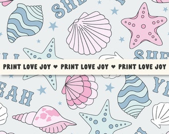 Muschel Ja nahtlose Muster | Küsten Muschel Digitales Papier | Niedliches Strandmuschelmuster | Seestern Sommer Hintergrund | Preppy Strand-Wiederholung