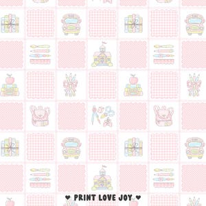May include: A repeating pattern featuring school-themed illustrations. The design includes school buses, books, pencils, backpacks, and schoolhouses. The background is white with pink gingham squares and the text "PRINT LOVE JOY".