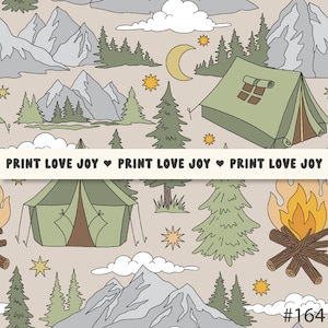 May include: A seamless pattern featuring a camping theme with illustrations of mountains, trees, tents, a campfire, stars, and a crescent moon. The text "PRINT LOVE JOY" is repeated across the bottom of the pattern.