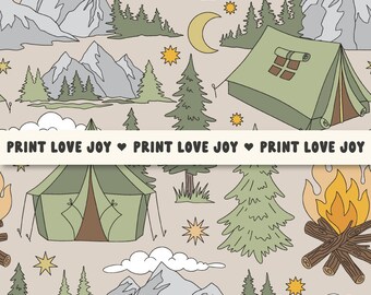 Mountain Camping Seamless Pattern | Outdoor Adventure Digital Paper | Forest Camping Tent Campfire Pattern | Nature Landscape Background