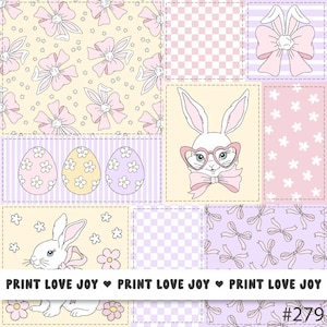 Pode incluir: Um design de patchwork com ilustrações temáticas de Páscoa. O padrão inclui coelhos com óculos em forma de coração, ovos de Páscoa, laços e elementos florais em cores pastel. O texto "PRINT LOVE JOY" é repetido na parte inferior.