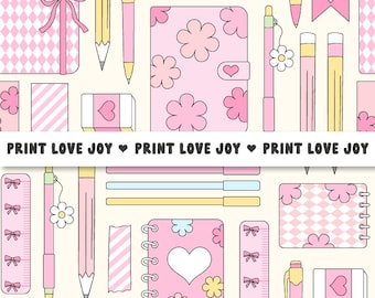 Coquette Preppy School Supplies Seamless Pattern | Pink Notebook Pencil Digital Paper | Cute Kawaii Stationery Pattern Download