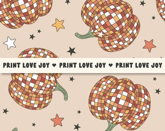 Disco Pumpkin Seamless Pattern | Retro Fall Pumpkin Print | 70s Autumn Aesthetic Digital Paper | Groovy Vintage Harvest Repeat