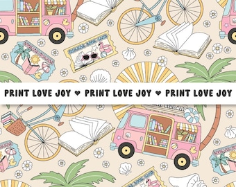 Naadloos patroon Beach Van Library | Summer Book Lover digitaal papier | Herhalingspatroon vakantie lezen | Boekachtige zomerachtergrond