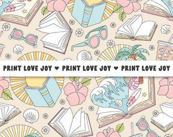 Zomerleesvakantie naadloos patroon | Beach Book Lover digitaal papier | Boekachtig zomerpatroon | Herhaling schattig boekthema