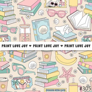 May include: A repeating pattern featuring stacks of books, sunglasses, seashells, and drinks. The text "PRINT LOVE JOY" is repeated across the image. Other text includes "BOOKISH SUMMER" and "SUMMER BOOK CLUB".