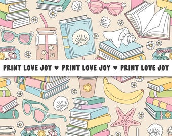 Boekachtig zomer naadloos patroon | Zomerboekenclub digitaal papier | Boekenliefhebber strand lezen esthetische achtergrond | Leuke stapelboeken herhalen