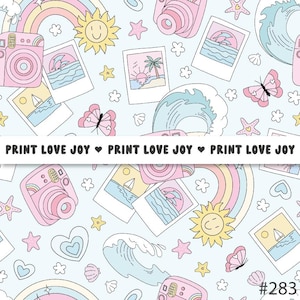 May include: A light blue pattern featuring pink cameras, rainbows, suns, butterflies, waves, and polaroid-style photos of beach scenes. The text "PRINT LOVE JOY" is repeated across the image. The design includes hearts, stars, and flowers.