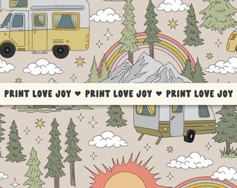 Retro Camping Seamless Pattern | Van Life Digital Paper | Camper Van Pattern | Mountain Adventure Pattern | Rainbow Camping Background