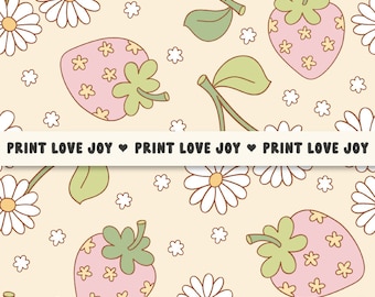 Strawberry Daisy Seamless Pattern | Cute Retro Floral Fruit Print | Cottagecore Strawberry Pattern | Floral Pastel Summer Digital Paper