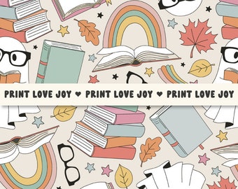 Naadloos patroon met spooklezing | Halloween-boekenliefhebber digitaal papier | Leuke herfst spookleraar lezing achtergrond | Boekenachtig herfstpatroon