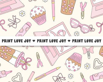 Preppy School Education Teacher Vintage Coquette Girlie Back to School Seamless Pattern File Printable Digital Paper