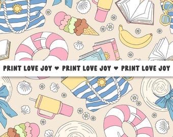 Naadloos patroon zomerstrandlezing | Summer Book Lover digitaal papier | Achtergrond strandtasboeken | Boekachtige vakantieherhaling