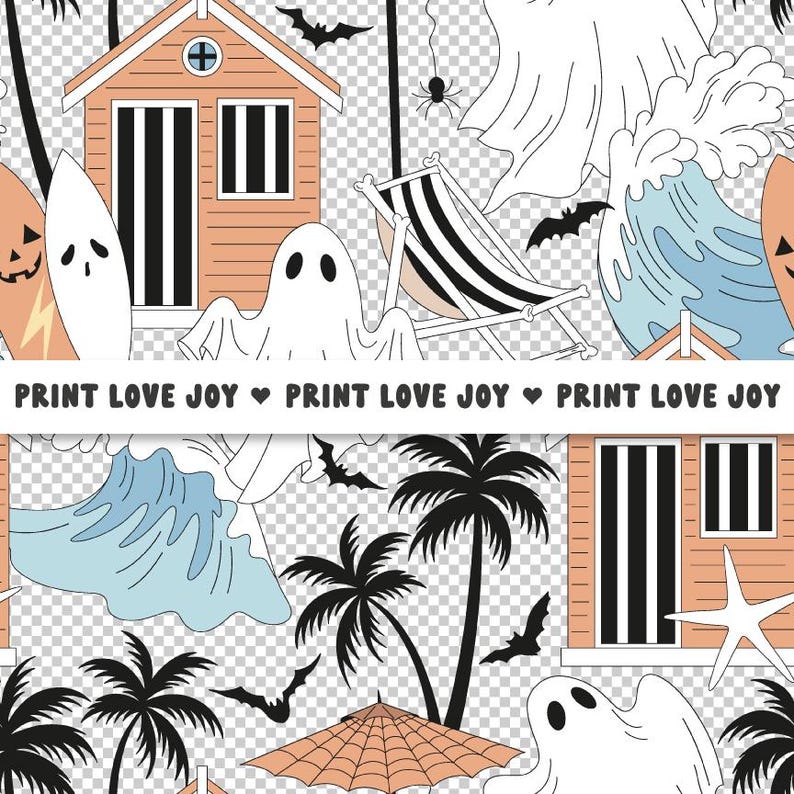 May include: A seamless pattern featuring beach houses, ghosts, palm trees, bats, and surfboards in a retro style. The text "PRINT LOVE JOY" is repeated across the bottom. The color palette includes shades of orange, white, black, and blue.