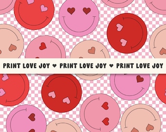 Heart Smiley Seamless Pattern, Pink Valentine Retro Checkered Print, Cute Love Face Design, Y2K Girly Pattern, Digital Download