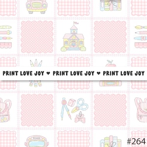 May include: A repeating pattern featuring school-themed illustrations on a white background. The design includes a schoolhouse, school bus, backpacks, pencils, and the text "PRINT LOVE JOY" in a repeating pattern. The background has pink gingham and polka dot squares.