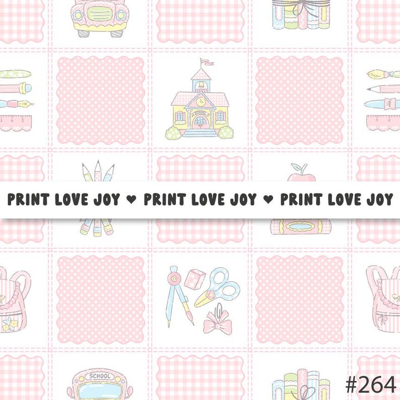 May include: A repeating pattern featuring school-themed illustrations on a white background. The design includes a schoolhouse, school bus, backpacks, pencils, and the text "PRINT LOVE JOY" in a repeating pattern. The background has pink gingham and polka dot squares.