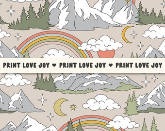 Mountain Rainbow Seamless Pattern | Retro Landscape Digital Paper | Adventure Nature Mountain Sky Pattern | Boho Outdoor Background
