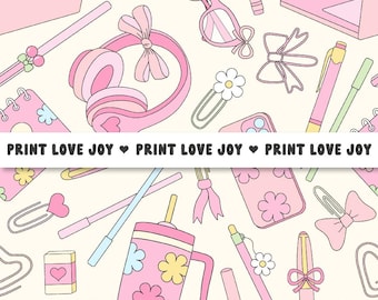 Coquette School Supplies Seamless Pattern | Pink Laptop Headphones Notebook Digital Paper | Cute Kawaii Stationery Pattern