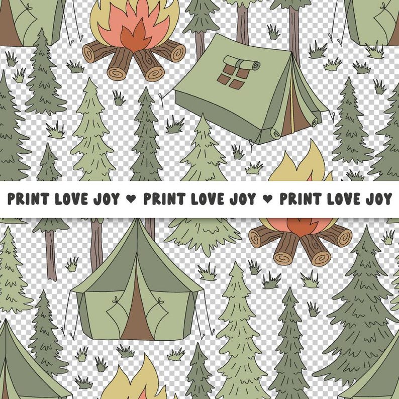 Camping Seamless Pattern | Outdoor Adventure Digital Paper | Forest Camping Pattern | Campfire Tent Pattern | Nature Camping Background image 3