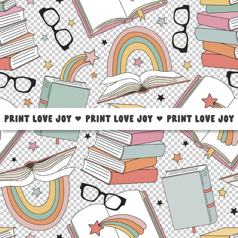 Op de afbeelding: Herhalend patroon met illustraties van boeken, regenbogen, sterren en brillen in pastelkleuren. Het ontwerp bevat de tekst "PRINT LOVE JOY" langs de onderkant. Het thema is gerelateerd aan lezen en literatuur.