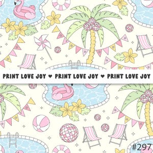 Puede incluir: Patrón repetitivo con fondo crema claro con ilustraciones de piscina, palmeras, tumbonas e inflables de flamencos. El diseño incluye el texto "PRINT LOVE JOY" en una pancarta.