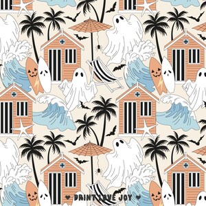 May include: A repeating pattern featuring beach-themed illustrations. The design includes orange beach huts, palm trees, ghosts, surfboards, waves, bats, and beach chairs. The text "PRINT LOVE JOY" is at the bottom of the image.