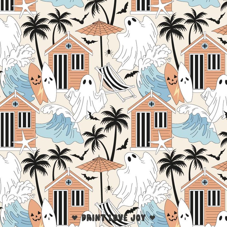 May include: A repeating pattern featuring beach-themed illustrations. The design includes orange beach huts, palm trees, ghosts, surfboards, waves, bats, and beach chairs. The text "PRINT LOVE JOY" is at the bottom of the image.