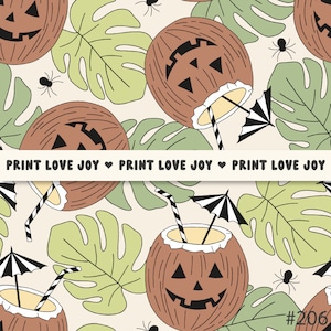 May include: A repeating pattern featuring brown coconuts with carved faces, green monstera leaves, and small black spiders on a cream background. The coconuts have straws and miniature umbrellas. The text "PRINT LOVE JOY" is repeated across the image.