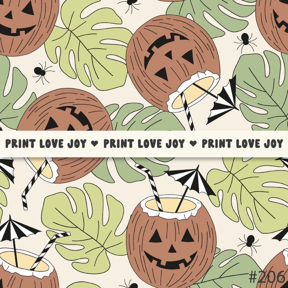Halloween Coconut Seamless Pattern | Tropical Jack O Lantern Drink Digital Paper | Spooky Tiki Pattern | Tropical Halloween Beach Background