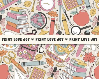 Back to School Seamless Pattern | Teacher Digital Paper | Classroom Supplies Pattern | Retro School Background | School Repeat Pattern