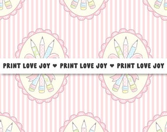 Coquette Pencil Cameo Seamless Pattern | Grandmillennial Pastel Stripe Bow Frame Digital Paper | Cute Kawaii Stationery Pattern